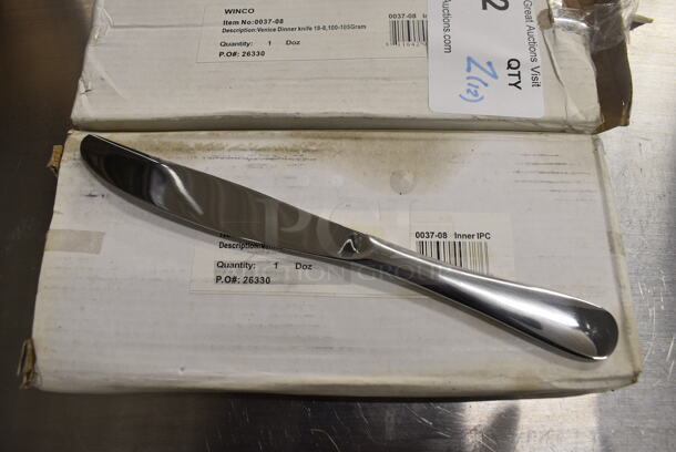24 BRAND NEW IN BOX! Winco 0037-08 Stainless Steel Venice Dinner Knives. 9". 24 Times Your Bid!