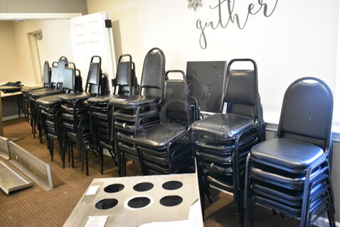 55 Assorted Black Metal Stackable Banquet Chair. 55 Times Your Bid! (secondary dining room)