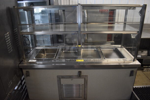 Low Temp Model 66-ST Stainless Steel Commercial 4 Well Steam Table w/ 2 Over Shelves and Glass Sneeze Guard on Commercial Casters. 120/208 Volts, 1 Phase. 67x31x64