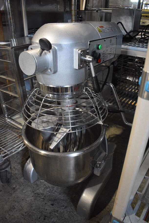 2018 Sentinel Model 20-FLE Metal Commercial Countertop 20 Quart Planetary Dough Mixer w/ Stainless Steel Mixing Bowl, Bowl Guard, Paddle, Whisk and Dough Hook Attachments. 110 Volts, 1 Phase. 14x22x31. Tested and Working!