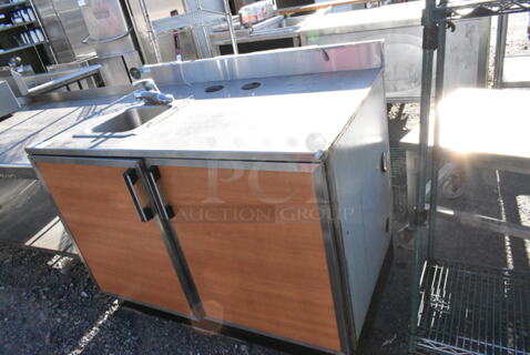 Duke Stainless Steel Commercial Countertop w/ Sink Bay, Faucet, Handle, Back Splash and 2 Wood Pattern Doors. 