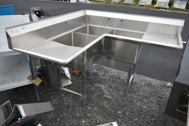 BRAND NEW SCRATCH AND DENT! Steelton 522S31818LRC Stainless Steel Commercial L Shaped 3 Bay Sink w/ Dual Drain Boards.