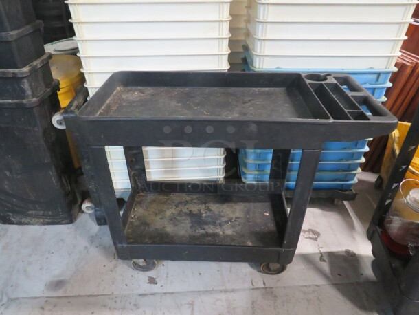 One Black Poly Utility Cart With 2 Shelves On Casters. 