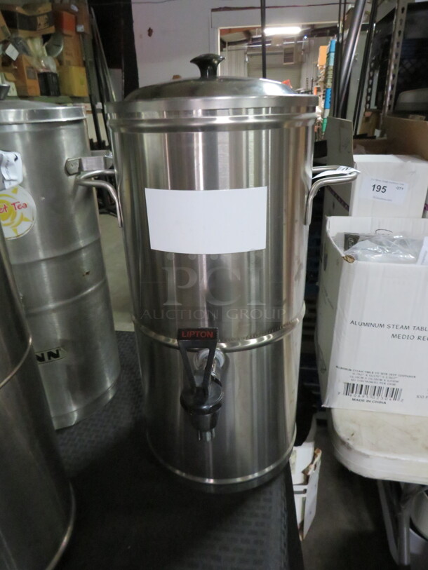 One Stainless Steel Commercial Tea Satellite With Lid, And Spigot. 