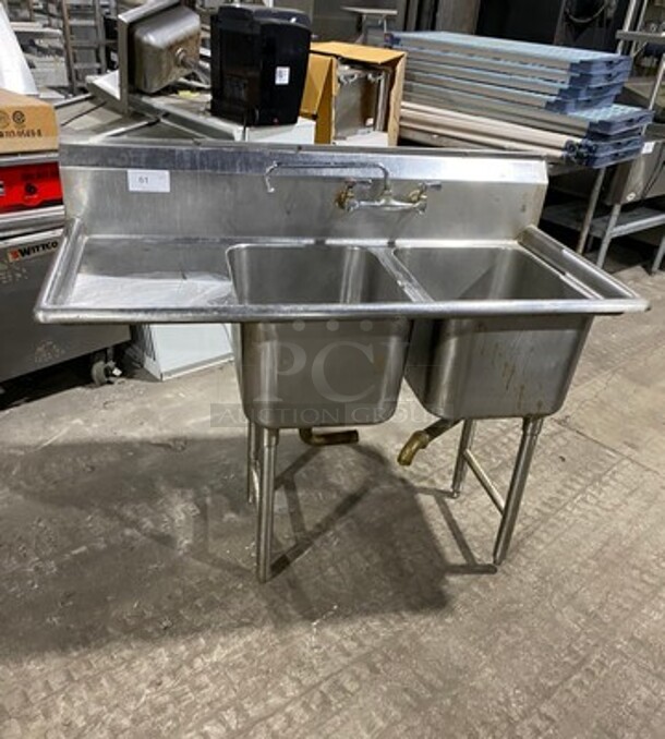 Solid Stainless Steel Commercial 2 Compartment Dish Washing Sink! With Single Side Drain Board! With Back Splash! With Faucet And Handles! On Legs!