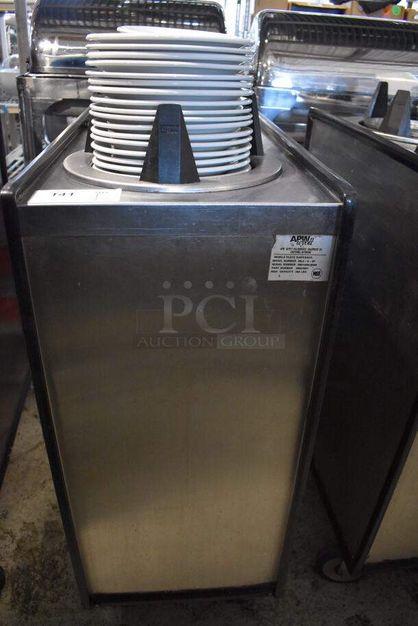 APW Wyott ML2-9-5P Stainless Steel Commercial 2 Well Plate Dispenser w/ 9" Plates on Commercial Casters. 15.5x30.5x45