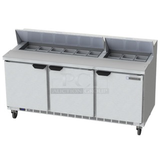 Beverage-Air SPE72HC-18 Elite Series 72" 3 Door Refrigerated Sandwich Prep Table, 115v, 9.6Amp, 1ph, 60hz. In Proper Working Condition. Appears the unit may have been used once or twice. 