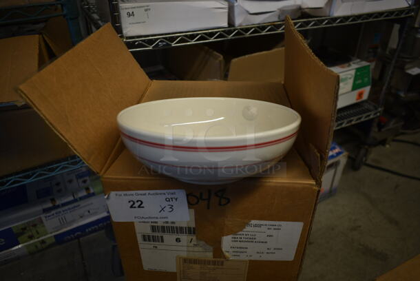 3 Boxes of 18 BRAND NEW! 8.5" White Ceramic Bowls w/ Red Lines. 3 Times Your Bid!