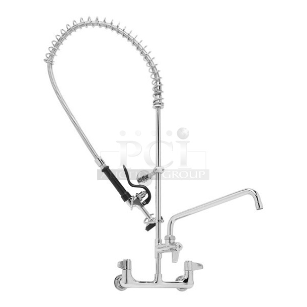 BRAND NEW SCRATCH AND DENT! T&S 5PR-8W14 Wall Mounted 35 3/4" High Pre-Rinse Faucet with 8" Adjustable Centers, 44" Hose, 14 1/8" Add-On Faucet, and 6" Wall Bracket