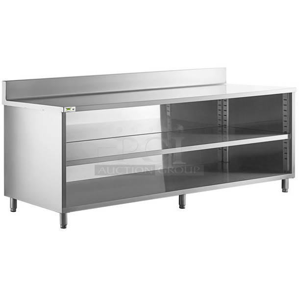BRAND NEW SCRATCH AND DENT! Regency 600EBTB3096 Stainless Steel Commercial Table w/ Back Splash and 2 Under Shelves. 