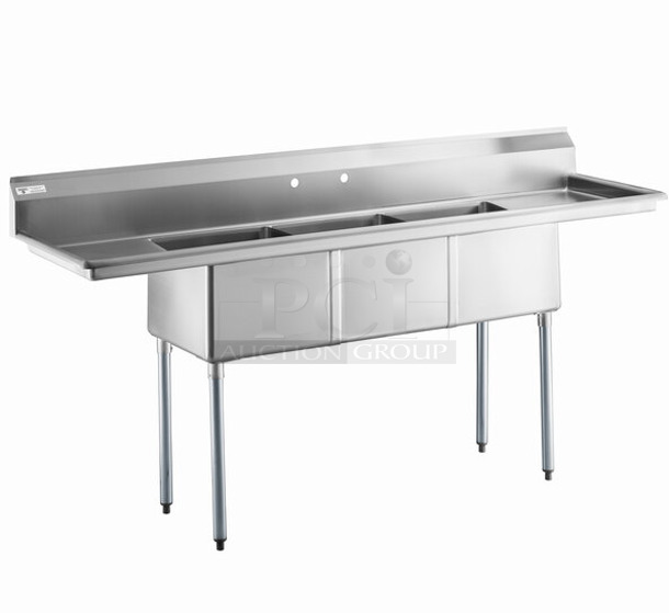 BRAND NEW SCRATCH AND DENT! Steelton 500CS31818LR Stainless Steel Commercial 3 Bay Sink w/ Dual Drain Boards.