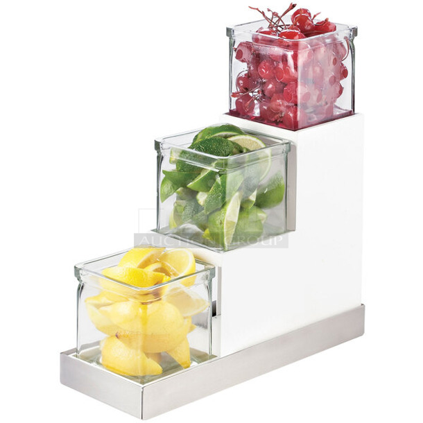 BRAND NEW! Cal-Mil 3003-55-12 Luxe Three Tier 4" Glass Jar Display with White Metal Frame and Stainless Steel Accent - 4 1/2" x 12 1/4" x 9"