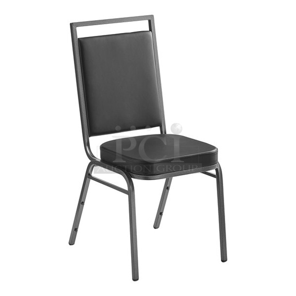 34 BRAND NEW SCRATCH AND DENT! Lancaster Table & Seating 164BCQSQBLKV Square Back Banquet Chair with Black Vinyl and Silver Vein Frame. 34 Times Your Bid! - Item #1118841