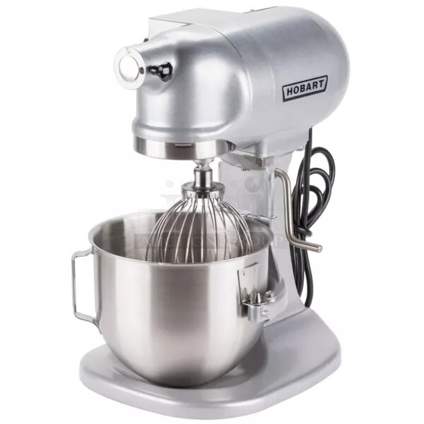 BRAND NEW SCRATCH AND DENT! Hobart N50 Metal Countertop 5 Quart Bowl Lift Planetary Dough Mixer w/ Stainless Steel Mixing Bowl, Paddle, Whisk and Dough Hook Attachments. 100-120 Volts, 1 Phase. Tested and Working!