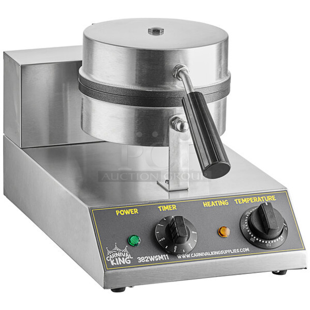 BRAND NEW SCRATCH AND DENT! 2023 Carnival King 382WSM11 Stainless Steel Countertop Non-Stick Single Waffle Maker with Timer. 120 Volts, 1 Phase. Tested and Working!