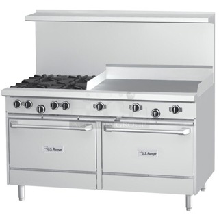 BRAND NEW SCRATCH & DENT! U.S. Range U48-4G24SS Natural Gas 4 Burner 48" Range with 24" Manual Griddle and Cabinet Base - 164,000 BTU. Rail holding burners is bent, Splash Guard is bent. (see photos)	