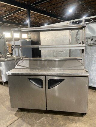 NICE! Turbo Air Commercial Mega Top Sandwich/Salad Prep Table! With 2 Door Refrigerated Base! With 2 Overhead Shelves! All Stainless Steel! With Metal Racks! On Casters! 115V! Model: TST-60SD!