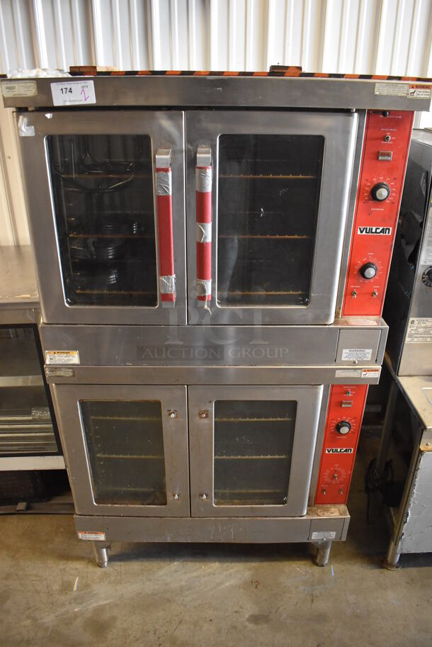 2 Vulcan Stainless Steel Commercial Natural Gas Powered Full Size Convection Oven w/ View Through Doors, Metal Oven Racks and Thermostatic Controls. Missing Lower Door Handles. 39x37x70. 2 Times Your Bid!