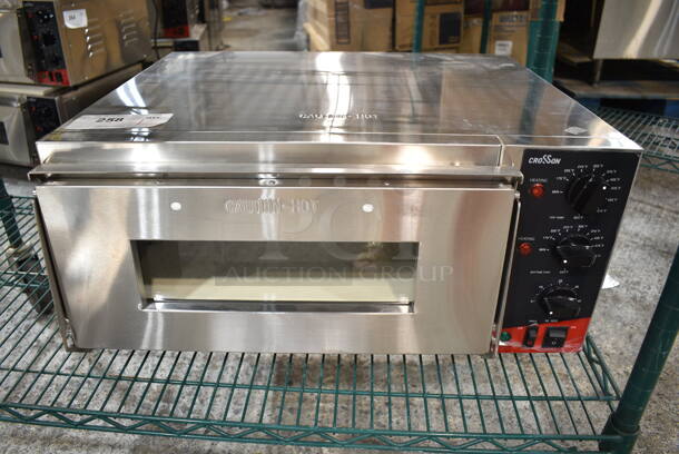 BRAND NEW SCRATCH AND DENT! 2023 Crosson CPO-160 Stainless Steel Commercial Countertop Electric Powered Pizza Oven w/ Broken Cooking Stone. 120 Volts, 1 Phase. Tested and Working! - Item #1127326