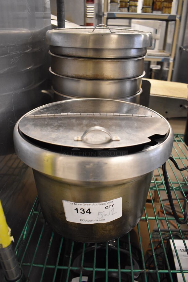 5 Stainless Steel Cylindrical Drop In Bins w/ 2 Lids. 11.5x11.5x8. 5 Times Your Bid!