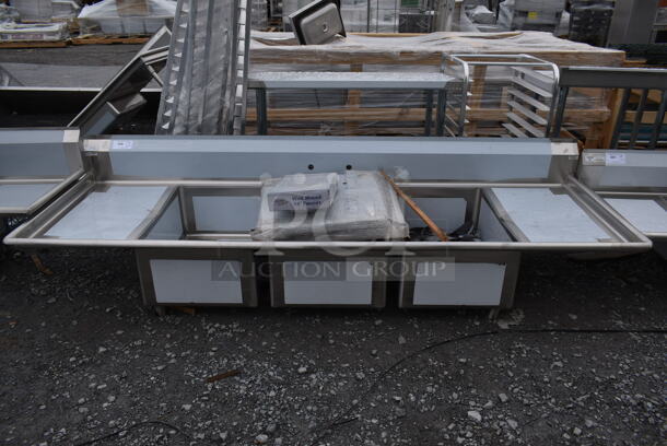 BRAND NEW SCRATCH AND DENT! Winholt WS3T20282D20-WM Stainless Steel Commercial 3 Bay Sink w/ Dual Drain Boards and Under Shelf. Bays 20x28. Drain Boards 18.5x30