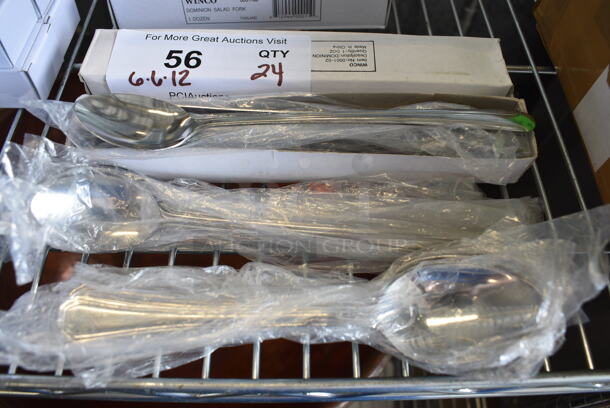 24 BRAND NEW! Winco Stainless Steel Spoons; 18 Dominion Tea Spoons and 6 Spoons. 7", 8". 24 Times Your Bid!