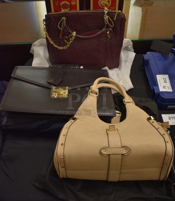3 Various Bags; Tan Purse, Brooks Brothers Brown Bag and Ivanka Trump Purple Purse. Includes 13x6x14. 3 Times Your Bid!