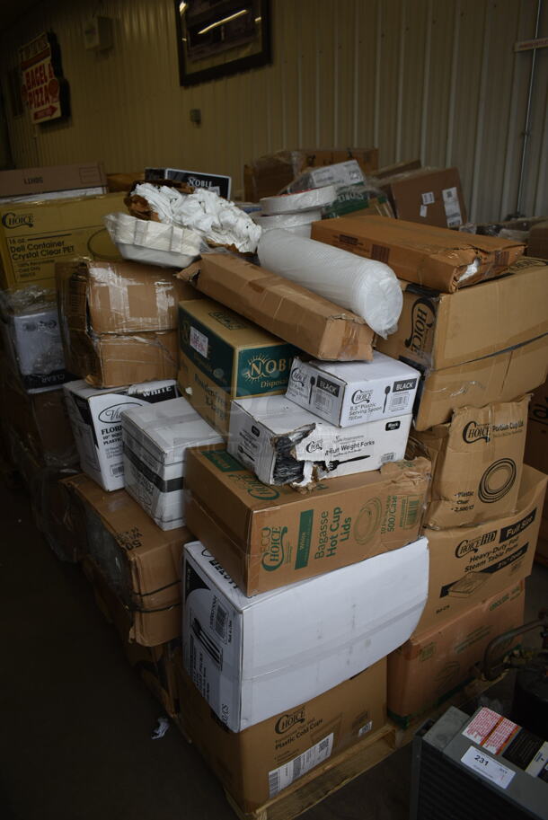 PALLET LOT of 30 BRAND NEW Boxes Including 50012C 12 oz. Coffee Print Poly Paper Hot Cup, 347SP10WH Visions Florence 10" Square White Plastic Plate - 120/Case, 394365XL Noble X Large Gloves, 50020W Choice 20 oz. White Poly Paper Hot Cup - 600/Case, 500CC12 Choice Clear PET Customizable Plastic Cold Cup - 12 oz. - 1000/Case, 500TW5 Choice 5 oz. Translucent Thin Wall Plastic Cold Cup - 2500/Case, 130BKFSNH Visions Heavy Weight Black Wrapped Plastic Cutlery Pack with Napkin - 500/Case, 130ROLLKFSSC Visions 18" x 15 1/2" Pre-Rolled Linen-Feel White Napkin and Classic Heavy Weight Silver Plastic Cutlery Set - 100/Case, 394385XL X Large Powder-Free Disposable Latex Gloves, 395L1020BGS Choice Hot Cup Lids, 130SERVSP8BK Choice 8 1/2" Black Disposable Plastic Serving Spoon - 72/Case, 130BFORK Choice Medium Weight Black Plastic Fork - 1000/Case, 612605070HD Full Size Heavy-Duty Foil Steam Table Pan Deep 3 3/8" Depth, 395TO661 Heavy duty foil steam table pans, Choice Portion Cup Lids, 1002218-EO Shopping Bags, 795PTOKFT8 Choice Kraft Microwavable Folded Paper #8 Take-Out Container 6" x 4 5/8" x 2 1/2" - 300/Case, 130ROLLKFSCL Compostable Sugarcane / Bagasse Take-Out Container, 500LFLATPLA Plastic Lid With Straw Slot, 433BR1852SACK Paper Barrel Sack, 500CC32 Choice HD 32 oz. Tall Heavy Weight Clear PET Plastic Cold Cup - 300/Case, 4339BULK Choice 9" White Uncoated Paper Plate - 1000/Case, 999SP10CL Visions 10" Square Plates. 30 Times Your Bid!