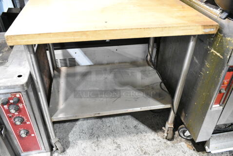 Butcher Block Tabletop w/ Metal Under Shelf on Commercial Casters. 