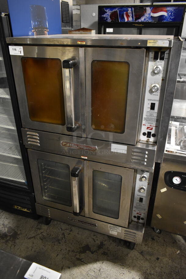 2 Southbend SLGS/22SC SL Series Stainless Steel Commercial Natural Gas Powered Full Size Convection Ovens w/ View Through Doors, Metal Oven Racks and Thermostatic Controls on Commercial Casters. 2 Times Your Bid!