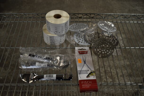 Lot of Various BRAND NEW! Items Including Labels, 4 Can Openers, Fish Plier, Strainer Plates