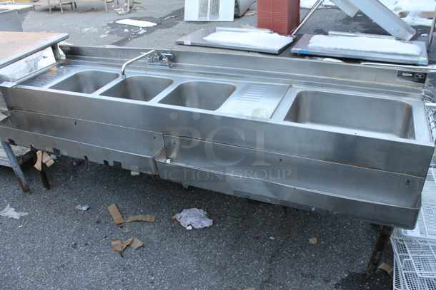 Stainless Steel 3 Bay Bar Sink w/ Dual Drain Boards, Right Side Ice Bin, 2 Speedwells, Faucet and Handles. Bays 12x14x9.5