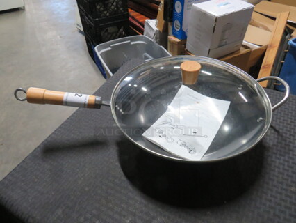 One NEW 13 Inch Chinese Wok With Wooden Handle And Lid.