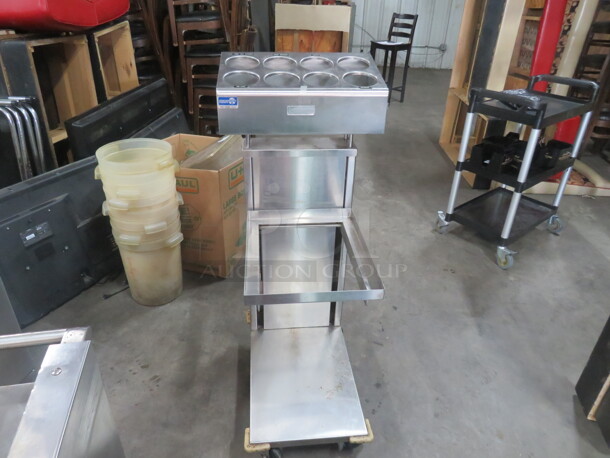 One Shellymatic Stainless Steel Spring Loaded Tray Transport, With 8 Hole Flatware Holder, On Casters. 20X27X47.5