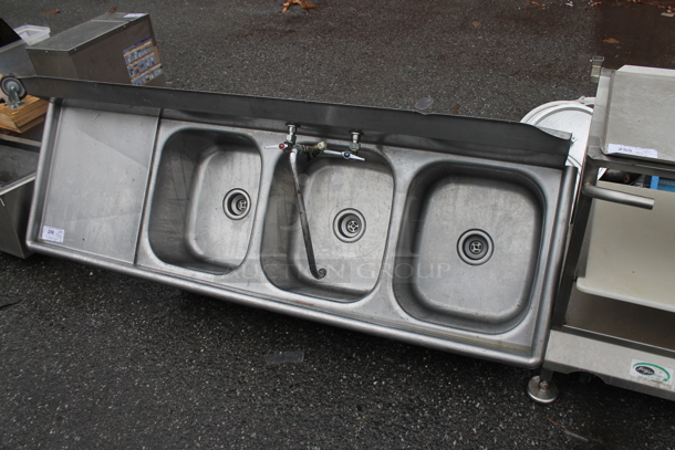 Stainless Steel Commercial 3 Bay Sink w/ Left Side Drain Board, Faucet and Handles. No Legs. Bays 16x19x10. Drain Board 18x21