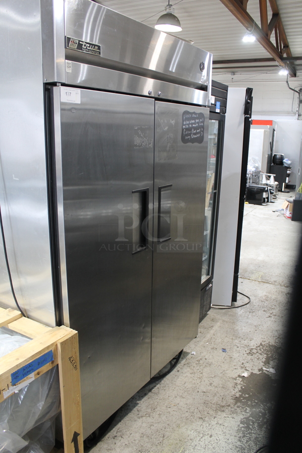 2011 True TG2R-2S Stainless Steel Commercial 2 Door Reach In Cooler w/ Poly Coated Racks on Commercial Casters. 115 Volts, 1 Phase. Tested and Working!