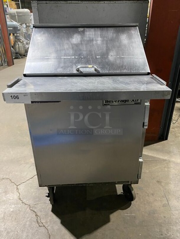 Beverage Air Refrigerated Sandwich Prep Table! With Single Door Storage Space Underneath! All Stainless Steel! Model SUR2712M Serial 4407841! 115V 1 Phase! On Casters!