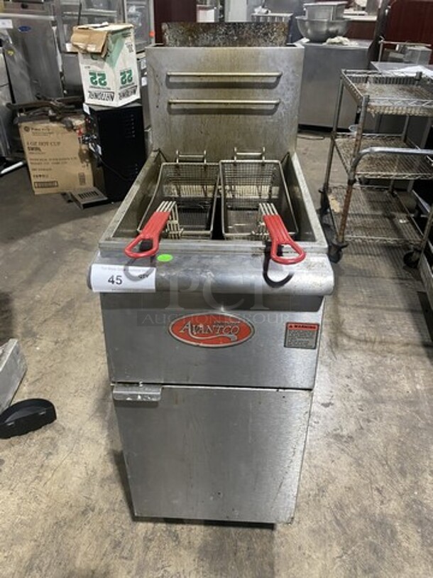  Avantco All Stainless Steel Commercial Floor Style Natural Gas Powered 4 Burner 40 lb. Deep Fat Fryer! On Legs! MODEL:FF400-N SN:15110143 120,000 BTU! Working When Removed!