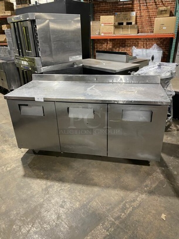 True Commercial 3 Door Lowboy/ Worktop Cooler! With poly Coated Racks! With Backsplash! All Stainless Steel! On Legs! Model: TWT72 SN: 13432767 115V 60HZ 1 Phase