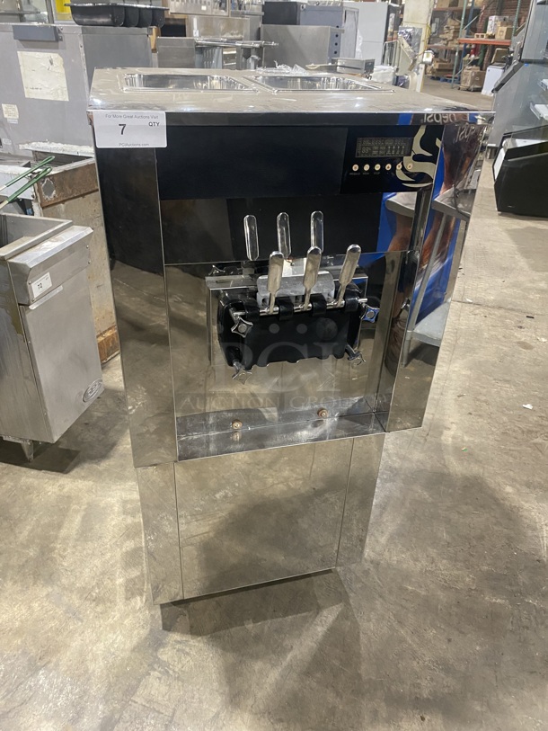 FAB! Elvaria Stainless Steel Commercial Air Cooled 3 Flavor w/ Twist Soft Serve Ice Cream/Yogurt Machine on Commercial Casters! MODEL 515TW! 220-240V! - Item #1125849