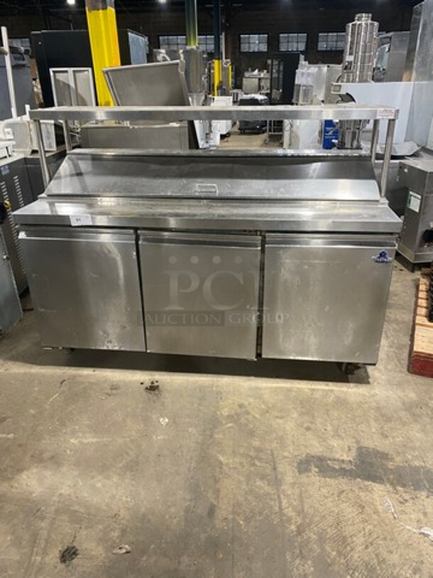 Commercial Refrigerated  Sandwich Prep Table! With Overhead Shelf! With 3 Door Storage Space Underneath! Poly Coated Racks! All Stainless Steel! On Casters! Model: S3BRR18S SN: SR180710629 115V 60HZ 1 Phase