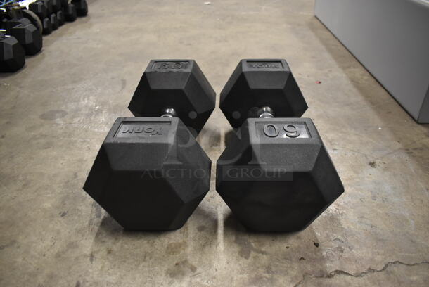 2 York Metal 60 Pound Rubber Hex Dumbbells. 2 Times Your Bid!