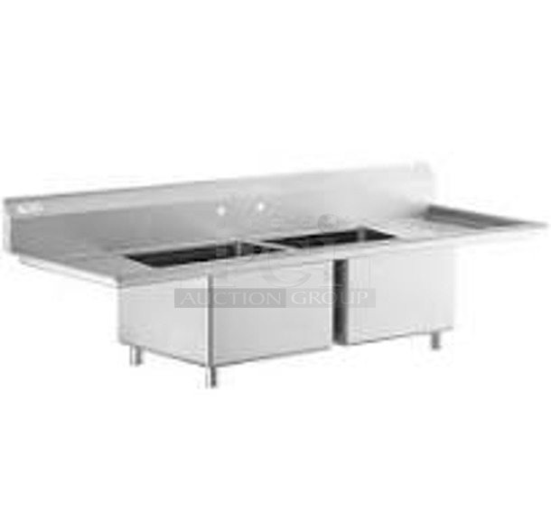 BRAND NEW SCRATCH AND DENT! Regency 600S22424218 Stainless Steel Commercial 2 Bay Sink w/ Dual Drain Boards. No Legs. Bays 24x24. Drain Boards 16.5x26