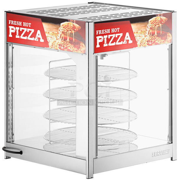 BRAND NEW SCRATCH AND DENT! ServIt 423PDW18D1 Stainless Steel Commercial Countertop 18" Full-Service Pizza Warmer with 4-Shelf Rotating Rack. 120 Volts, 1 Phase. Tested and Working!