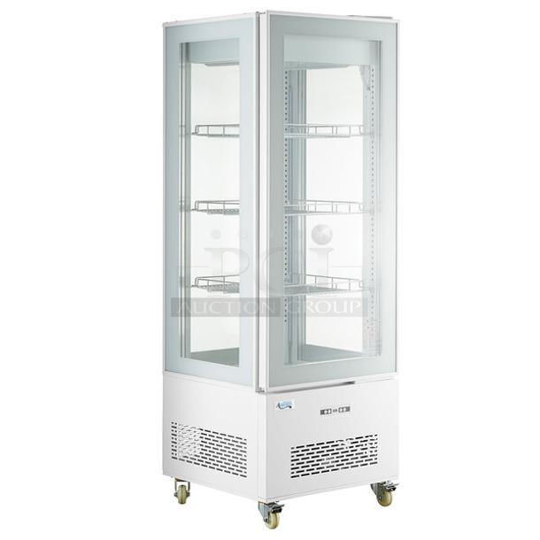 BRAND NEW SCRATCH AND DENT! Avantco 193GD4C15HCW Metal Commercial  White 4-Sided Glass Refrigerated Display Case on Commercial Casters. 110-120 Volts, 1 Phase. Tested and Working!