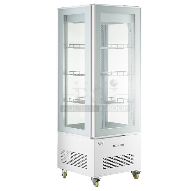 BRAND NEW SCRATCH AND DENT! Avantco 193GD4C15HCW Metal Commercial  White 4-Sided Glass Refrigerated Display Case on Commercial Casters. 110-120 Volts, 1 Phase. - Item #1127620