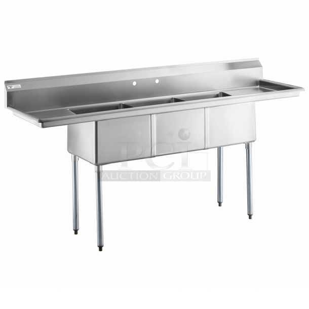 BRAND NEW SCRATCH AND DENT! Steelton 522CS31818LR 90" 18-Gauge Stainless Steel Three Compartment Commercial Sink with 2 Drainboards - 18" x 18" x 12" Bowls