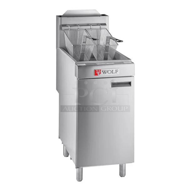 BRAND NEW SCRATCH AND DENT! Wolf WF400-1 Stainless Steel Commercial Floor Style Natural Gas Powered Deep Fat Fryer w/ 2 Metal Fry Baskets. 120,000 BTU. - Item #1145763