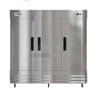 BRAND NEW SCRATCH AND DENT! KoolMore RIR-3D-SS Stainless Steel Commercial 3 Door Reach In Cooler w/ Poly Coated Racks on Commercial Casters. 115 Volts, 1 Phase.