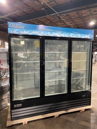 ColdLine Commercial 79" Triple Glass Swing Door Merchandiser Freezer! With Poly Coated Racks! 115V! Model: D80-B SN: 085888104!